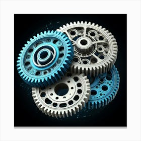 A render of a complex arrangement of interlocking gears. The gears are made of a blue and white metal, and they are set against a black background. The gears are in motion, and they are creating a sense of energy and movement. The image is both beautiful and thought-provoking, and it is a reminder of the power of machines. Canvas Print