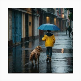 Leonardo Kino Xl A Kid Walking His Dog In The Rainy Day Holdin 3 Canvas Print