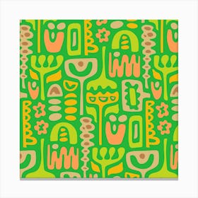 DREAMSCAPE Retro 70s Abstract Organic Floral Botanical Shapes in Lime Green Yellow Orange Sand Brown on Kelly Green Canvas Print