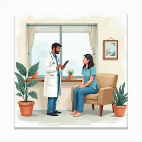 A Watercolor Portrayal Of A Wellness Check Up In A Calming, Patient Friendly Space 1 Canvas Print