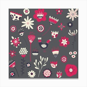 Scandinavian Folk Flowers And Birds Dark Canvas Print