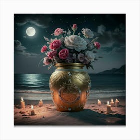 A golden jar on beach under moonlight 3 Canvas Print