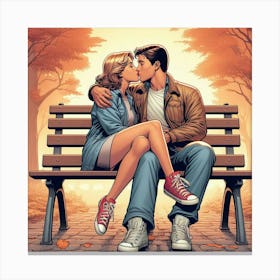Kissing On A Bench Canvas Print
