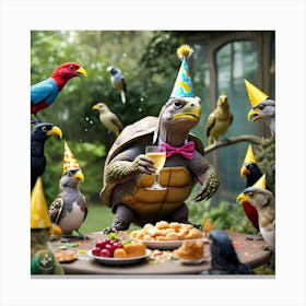 The Birds Looking Shocked And Surprised To See Tortoise At Their Party (1) Canvas Print