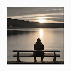 Woman Sitting On Bench At Sunset Canvas Print