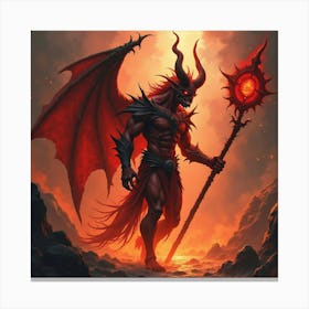 Demon Lord In A Fiery, Watercolor Underworld 1 Canvas Print