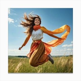 A Youthful Female Exuding Vitality Engaged In Jumping With Unrestrained Joy Sporting Healthy Slim (6) Canvas Print