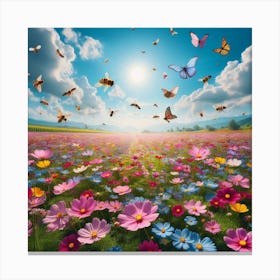 Colorful Flower Field With Butterflies Canvas Print