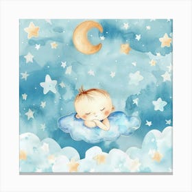 Watercolor Baby Sleeping On A Cloud Canvas Print