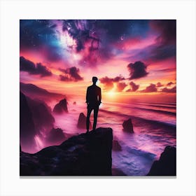 Man Standing On Cliff At Sunset Canvas Print