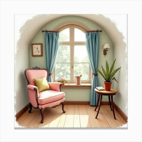 A Cozy English Reading Nook With A Cup Of Tea And A Book, Watercolor Style 1 Canvas Print