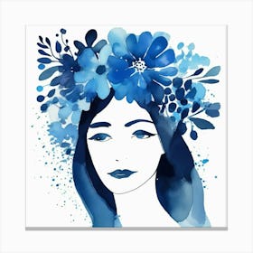 woman portrait with blue watercolour flora crown  Canvas Print