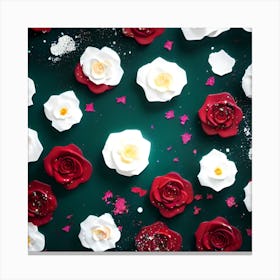 Roses On Green Background Canvas Print