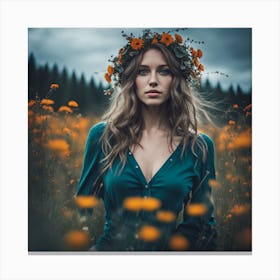 Portrait Of A Girl In A Field Of Flowers 1 Canvas Print