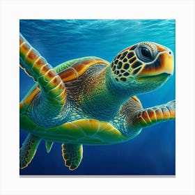 A photo of a Green Sea Turtle (Chelonia mydas) swimming gracefully through the deep blue ocean. The turtle's vibrant green shell and yellow-orange flippers are illuminated by the sunlight filtering through the water. The turtle's serene expression and slow, steady movements create a sense of peace and tranquility. The image captures the beauty and wonder of the underwater world and the importance of protecting and preserving our oceans. Canvas Print