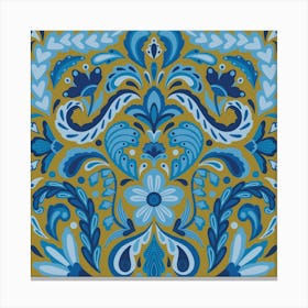 Blue And Gold boho floral folk art pattern Canvas Print