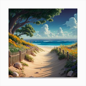 Tranquil Shores: A Serene Beachscape with Vibrant Wildflowers 2 Canvas Print