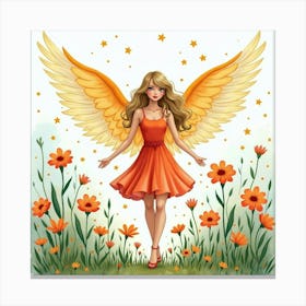 Watercolor Image Of Taylor Swift With Wings, Standing In A Magical Garden Canvas Print