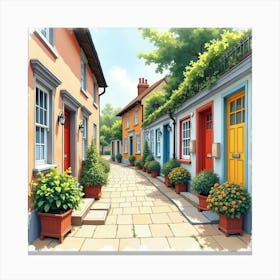 A Classic English Street With Colorful Doors And Garden Boxes, Watercolor Style 1 Canvas Print