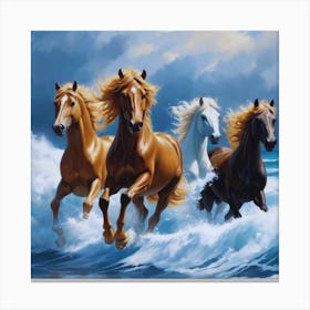 3 Brown and 1 White Horses Running In The Beach Canvas Print