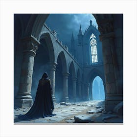 Dark Paladin Standing In A Ruined Cathedral At Night, Watercolor Scene 1 Canvas Print