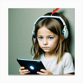 Little Girl With Headphones And Tablet Canvas Print