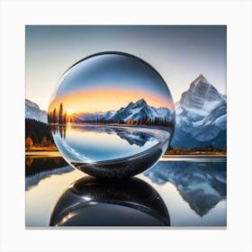 Abstract Illustration Of A Giant Metall Ball In A Lake With A Mountain View Canvas Print