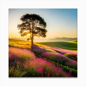 Tree Field Purple Flowers Sunset Canvas Print