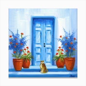 Greek Blue Door Cat 1 Canvas Print