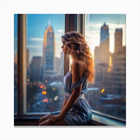 A beautiful girl looks through the window to the city  Canvas Print