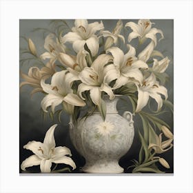 Imagine An Oil Painting Of A Victorian Era Porcelain Vase Filled With Delicate Lilies And Adorned Canvas Print