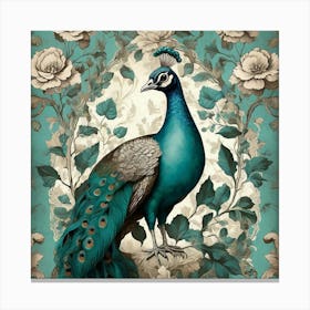 Turquoise Peacock Vintage Wallpaper With Leaves Art Print 2 Canvas Print