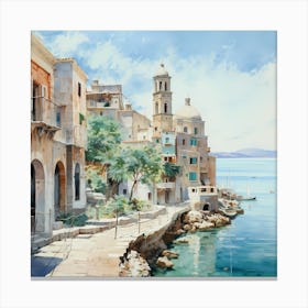 Sunset Serenade: Impressionist Seaside Town Canvas Print