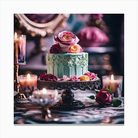 Mint Green Cake with Fondant Roses and Scented Candles Leinwandbild