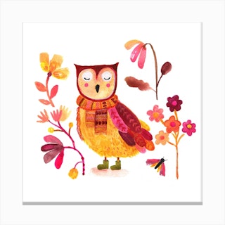 Owl With Boots White Square Canvas Print