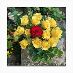 Top Down View Of Vibrant Yellow And Red Rose Bouquet Canvas Print