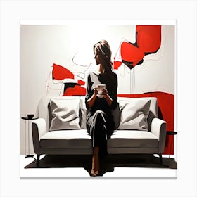 Modern Black & Red Aesthetic Sophisticated Woman with Coffee on a Couch Canvas Canvas Print