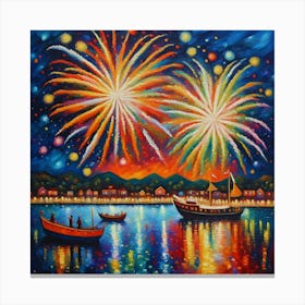 Summer Fireworks Over The Water.Fireworks Spectacle: Vibrant Seascape Oil Painting wall art Canvas Print