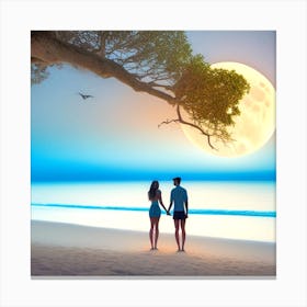 Couple On The Beach Under The Moon Canvas Print