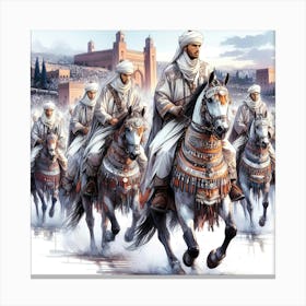 Moroccan Riders Of Old Dynasty On Decorated Horses Color Drawing Canvas Print