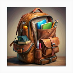 Brown Leather Backpack Full Of School Supplies Canvas Print