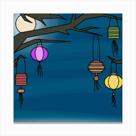Lanterns Hanging From Tree Lampions Moon Night Canvas Print