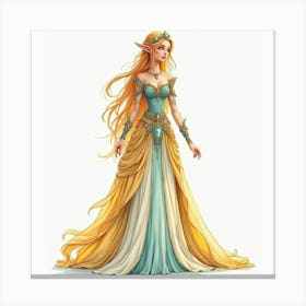 Beautiful Elven Princess With A Jeweled Gown, Watercolor 1 Canvas Print