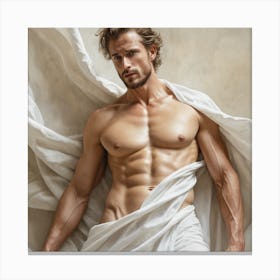 Naked Man Posing In White Robe Canvas Print