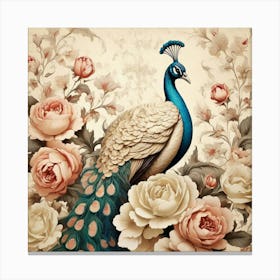 Cream Vintage Floral Peacock Wallpaper Art Print Canvas Print