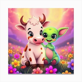 Alien Baby And Cute Cow Canvas Print