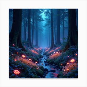 Futuristic, Neon Lit Forest With Glowing, Bioluminescent Flora And Fauna 1 Canvas Print