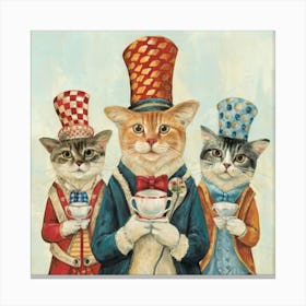 Tea Party Cat Parade Print Art - Picture Cats In Fancy Hats Marching With Teacups, Creating A Whimsical And Charming Atmosphere Canvas Print