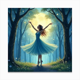 Watercolor Dancer In Enchanted Moonlit Forest 1 Canvas Print