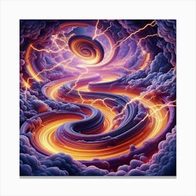 3 Dimensional Rivers With Multiple Orange Lightning And Purple Swirls In A Vortex Of Storm Clouds 3 Canvas Print